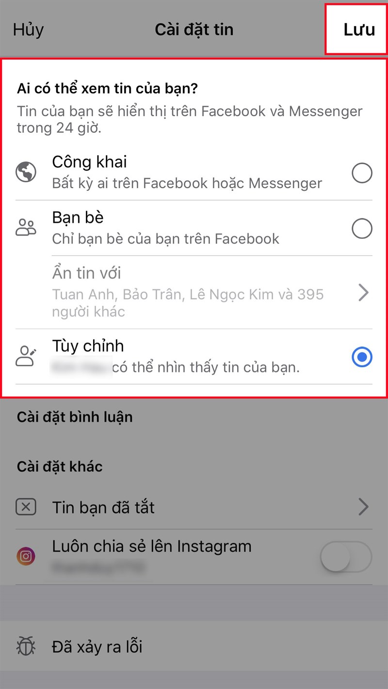 Chọn đối tượng có thể xem tin của bạn  Nhấn Lưu