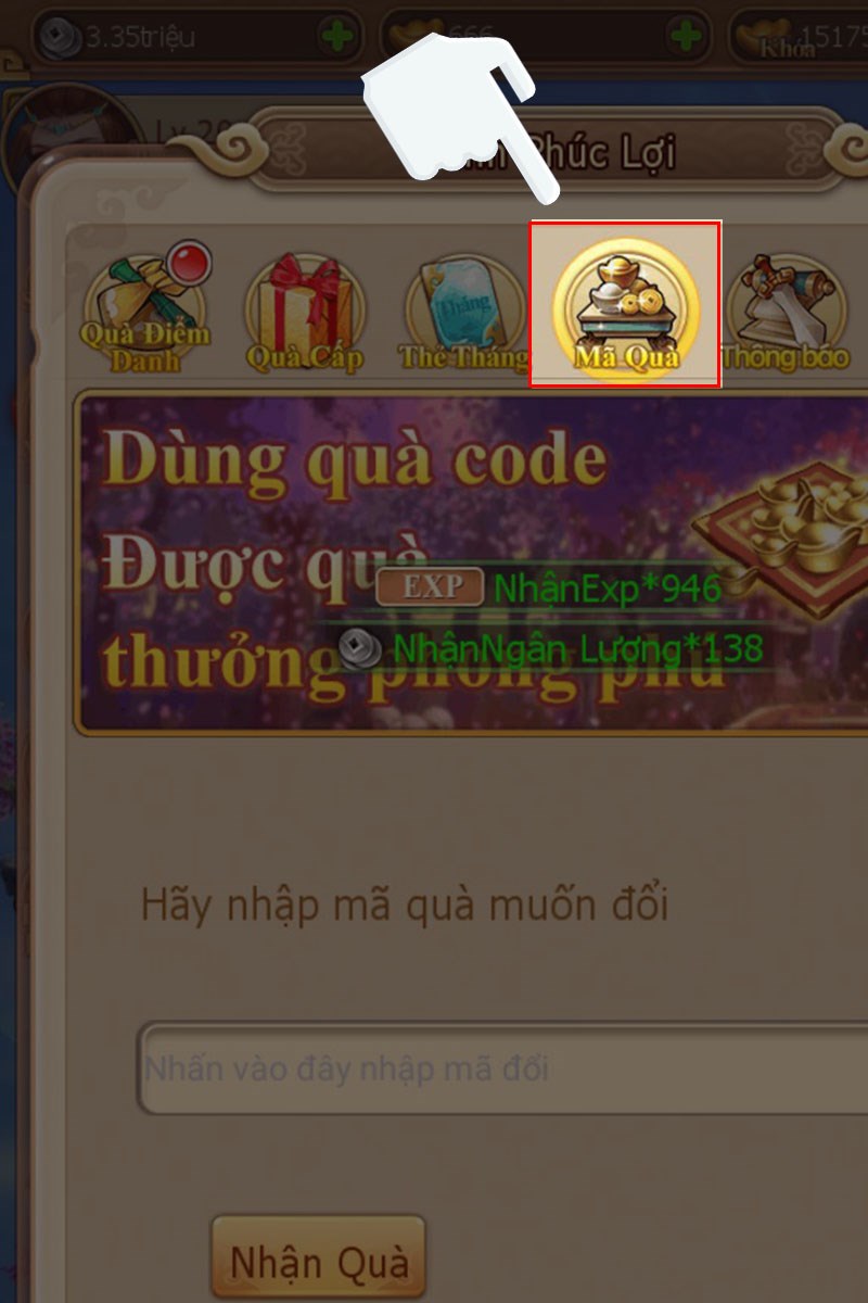 Nhấn chọn vào mục Mã Quà