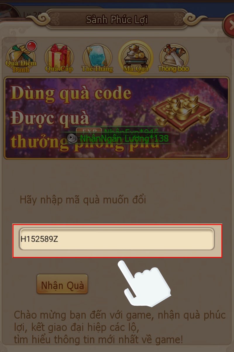 Nhập code vào ô bên dưới