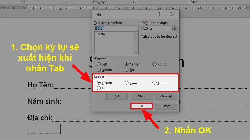 Nhấn 2 lần chuột trái vào phần màu trắng trên thanh thước để hiện bảng Tabs > Đi đến phần Leader > Cài đặt các ký tự xuất hiện > Nhấn OK