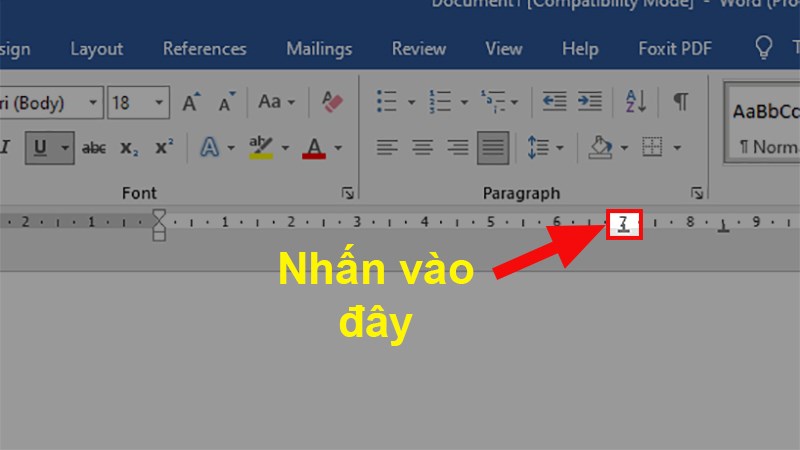 Nhấn 2 lần chuột trái vào ký tự Tab trên thanh thước trong Word