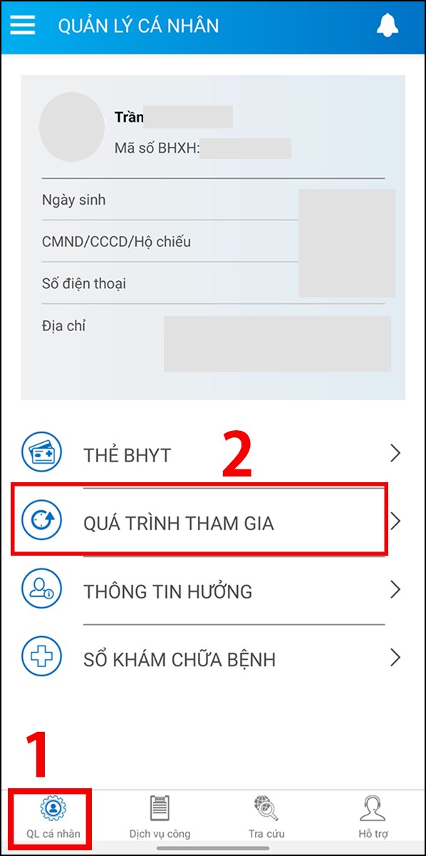 Chọn Quản lý cá nhân rồi chọn tiếp Quá trình tham gia