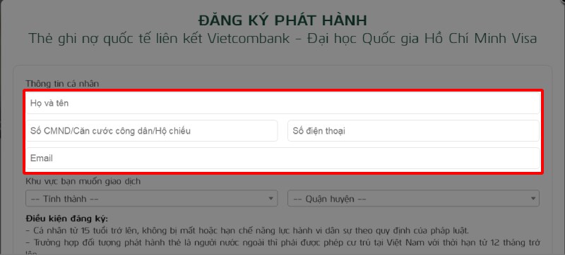 Nhập Họ và tên, Số CMND/CCCD/Hộ chiếu, Số điện thoại, Email