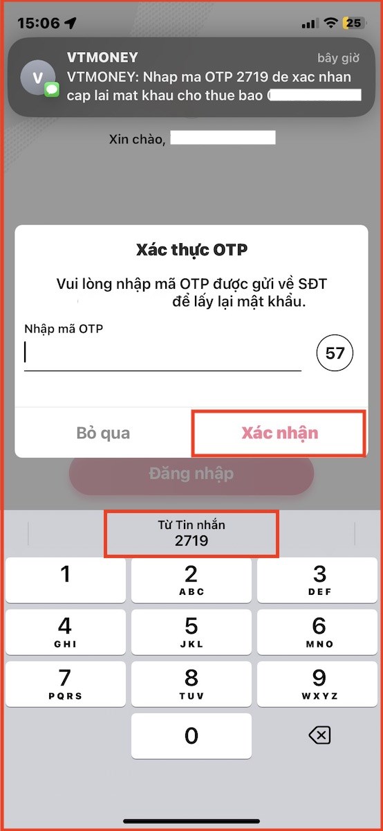 Nhập mã OTP và nhấn Xác nhận