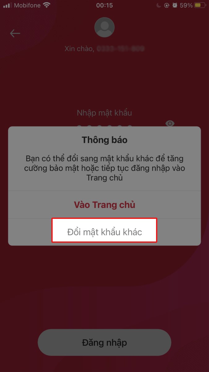 Chọn Đổi mật khẩu khác để thay đổi mật khẩu