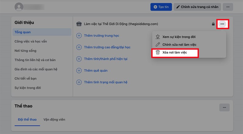 Nếu bạn muốn xóa thông tin cá nhân, bạn chỉ cần thực hiện: Tại mục Giới thiệu, chọn thông tin mà bạn muốn xóa > Nhấn vào biểu tượng 3 dấu chấm > Chọn Xóa.