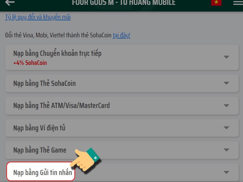Chọn Nạp bằng gửi tin nhắn Chọn Nạp bằng gửi tin nhắn