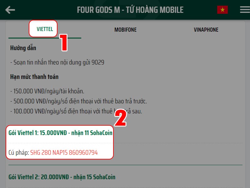 Soạn tin nhắn để nạp Soạn tin nhắn để nạp