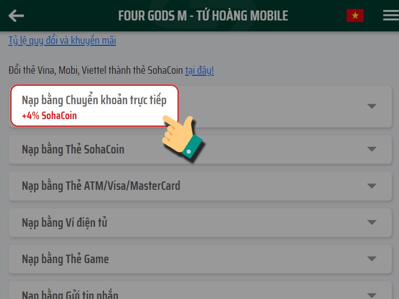 Chọn chuyển khoản trực tiếp Chọn chuyển khoản trực tiếp