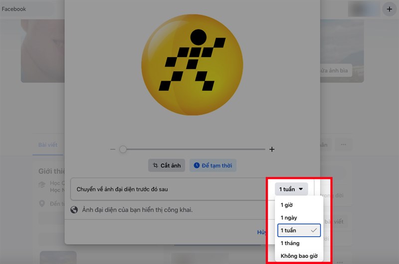 Chọn các mốc thời gian như 1 giờ, 1 ngày, 1 tuần, 1 tháng hoặc không bao giờ để sau khoảng thời gian đó, ảnh đại diện tạm thời của bạn sẽ biến mất và trở về ảnh đại diện trước đó của bạn