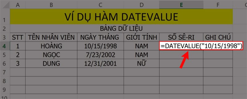 Ví dụ minh họa hàm DATEVALUE.