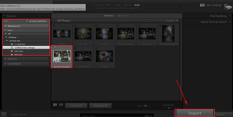 Chọn ảnh đưa vào Lightroom