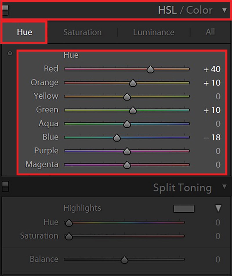 Hiệu chỉnh thông số Hue tại mục HSL/Color
