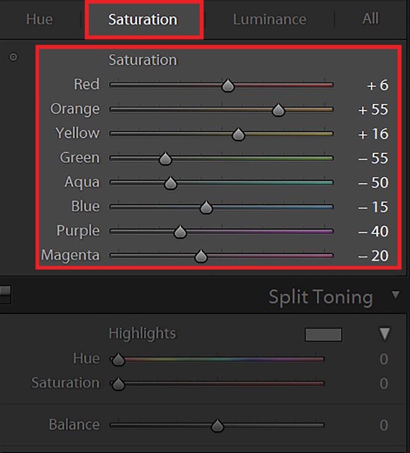 Hiệu chỉnh thông số Saturation tại mục HSL/Color