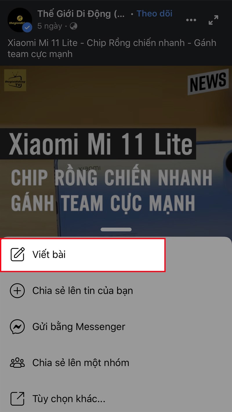 Chọn Viết bài để chia sẻ video kèm bài đăng về video (Đối với điện thoại)