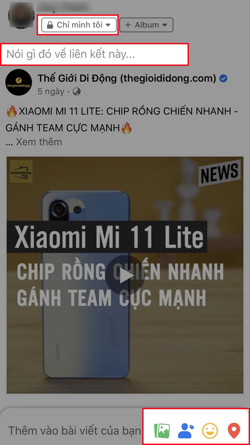 Bạn có thể viết nội dung về video mà bạn chia sẻ tại mục Nói gì đó về liên kết này hoặc thay đổi quyền riêng tư của bài chia sẻ, thêm ảnh, gắn thẻ bạn bè, thêm cảm xúc, vị trí,... với các biểu tượng tương ứng