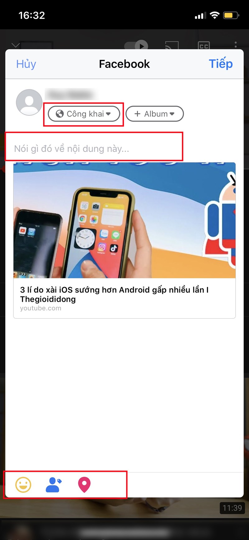 (Đối với điện thoại) Bạn có thể viết nội dung về video tại mục Nói gì đó về nội dung này và gắn thẻ bạn bè, thêm nhãn dán, gắn vị trí, chỉnh sửa quyền riêng tư của bài chia sẻ với các biểu tượng tương ứng