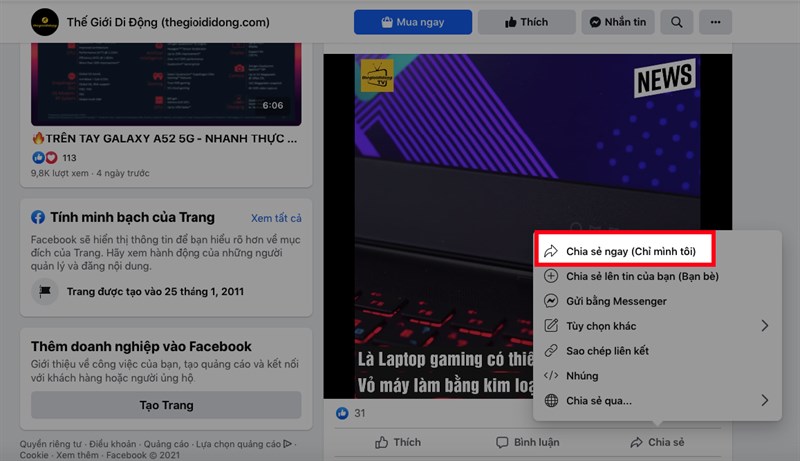 Đối với máy tính, chọn Chia sẻ ngay để chia sẻ ngay video kèm bài đăng và bạn không thể viết nội dung về bài đăng mà bạn chia sẻ
