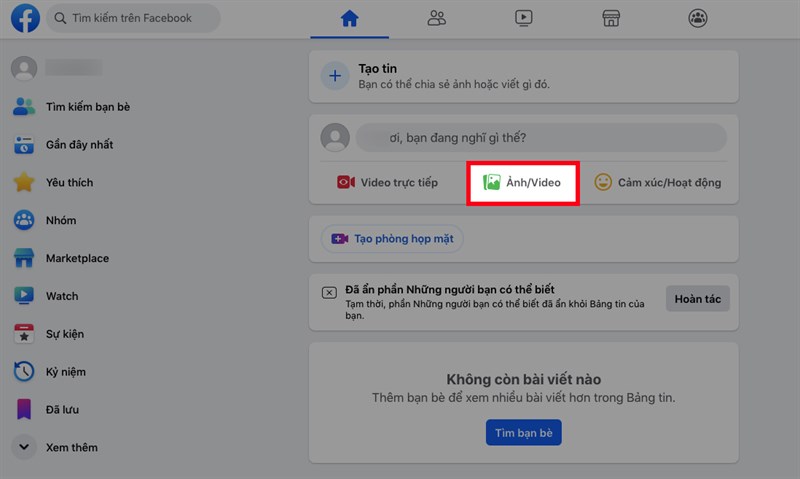 Đối với máy tính, nhấn vào Ảnh/Video ở dưới mục Tạo tin