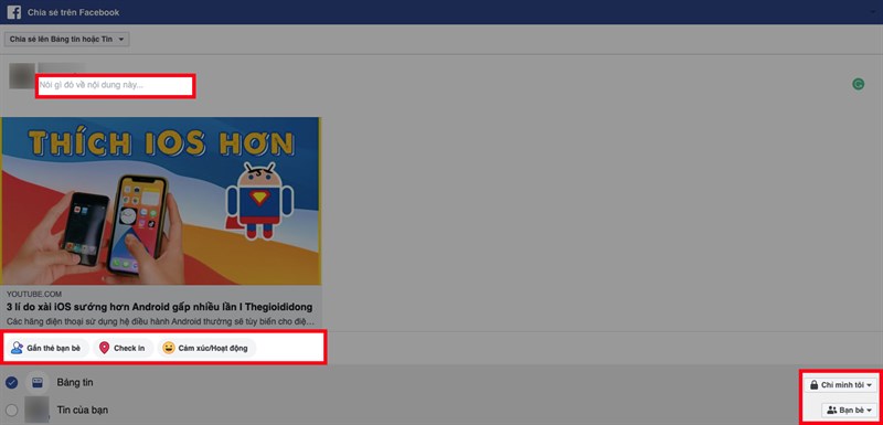 Đối với máy tính, sẽ có 2 hình thức để bạn lựa chọn:Bảng tin: bạn có thể viết nội dung về video mà bạn chia sẻ tại mục Nói gì đó về nội dung này và có thể gắn thẻ bạn bè, thêm vị trí, thêm cảm xúc, thay đổi quyền riêng tư về bài chia sẻ với các biểu tượng tương ứng để chia sẻ video lên bảng tin.Tin của bạn: bạn có thể viết nội dung về video mà bạn chia sẻ tại mục Nói gì đó về nội dung này và có thể gắn thẻ bạn bè, thêm vị trí, thêm cảm xúc, thay đổi quyền riêng tư về bài chia sẻ với các biểu tượng tương ứng để chia sẻ video lên story của bạn
