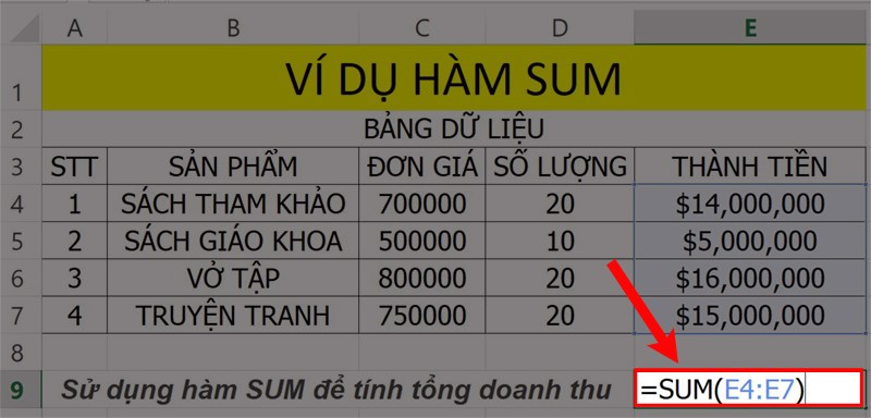 Ví dụ minh họa hàm SUM.