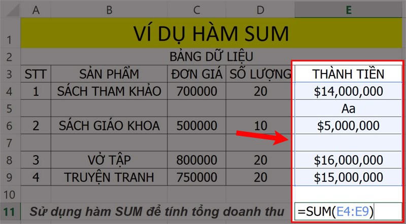 Ví dụ minh họa một vài giá trị không sử dụng trong hàm SUM.