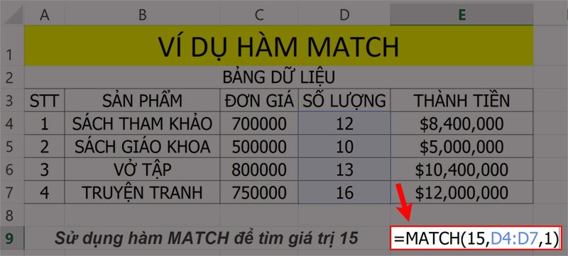 Ví dụ minh họa hàm MATCH.