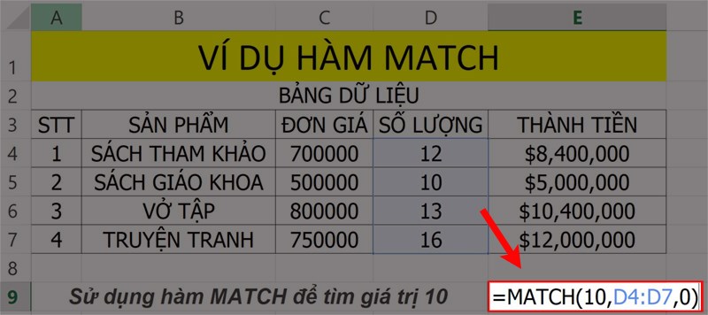 Ví dụ minh họa hàm MATCH.