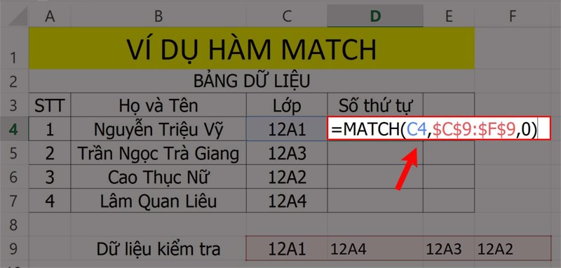 Ví dụ minh họa hàm MATCH.