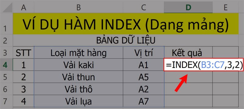 Ví dụ minh họa hàm INDEX.