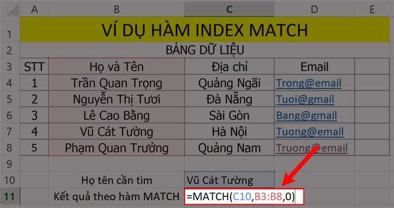 Ví dụ minh họa hàm MATCH để tìm vị trị.