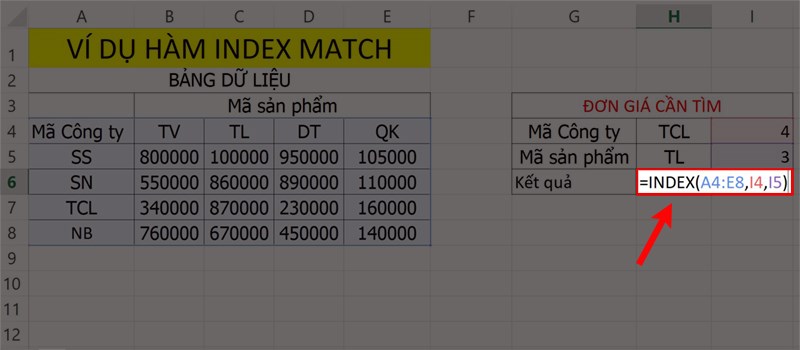 Dùng hàm INDEX để xác định kết quả.