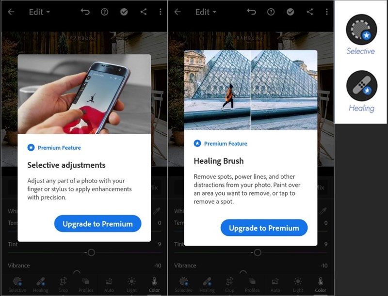 Một số công cụ hiệu chỉnh ảnh trên Lightroom Mobile có trả phí