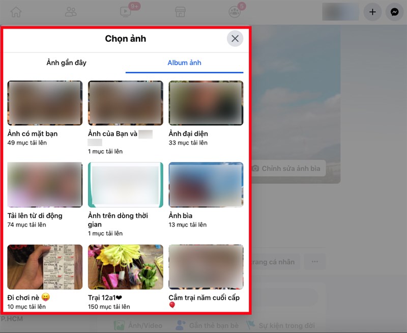 Chọn ảnh để làm ảnh bìa từ những ảnh bìa trước đó bạn đã thay đổi hoặc các ảnh từ album ảnh của bạn trên Facebook