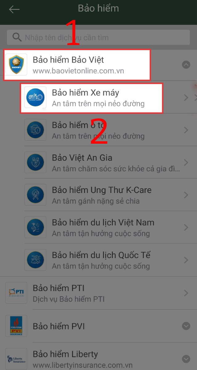 Chọn công ty bảo hiểm, nhấn vào mục Bảo hiểm xe máy
