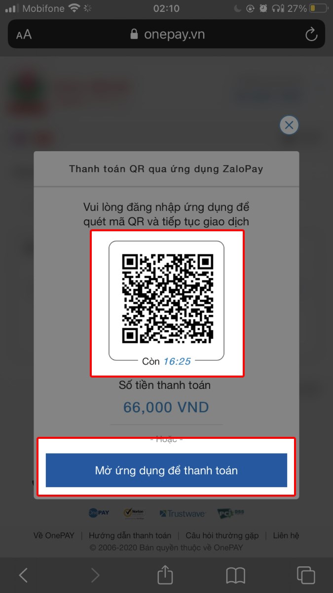 Quét mã QR hoặc nhấn nút Mở ứng dụng để thanh toán.