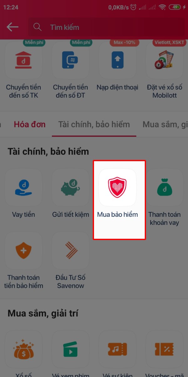 Bấm chọn Mua bảo hiểm