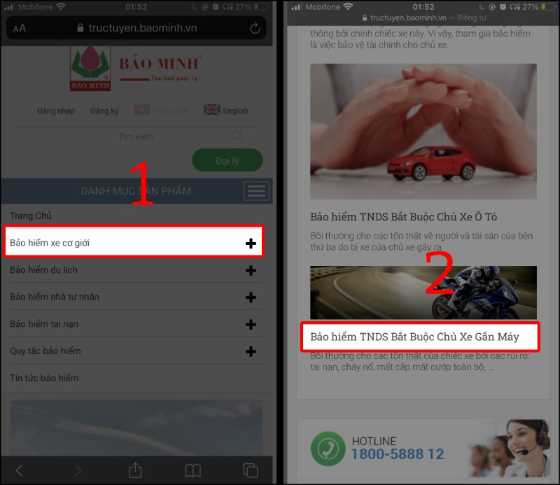 Chọn mục Bảo hiểm xe cơ giới và Bảo Hiểm TNDS Bắt Buộc Chủ Xe Gắn Máy.