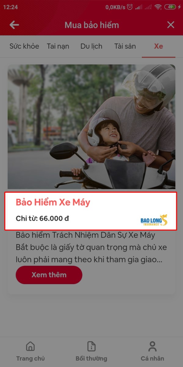 Nhấn vào chữ Bảo hiểm xe máy.