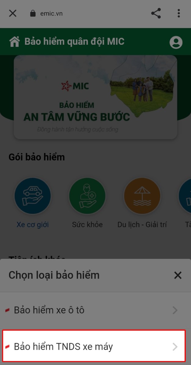 Chọn loại bảo hiểm: Bảo hiểm TNDS xe máy.