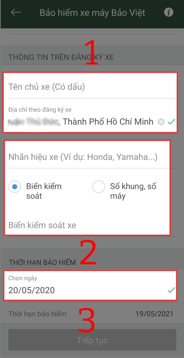 Nhập Tên chủ xe, địa chỉ, nhãn hiệu xe, biển kiểm soát, ngày đăng ký