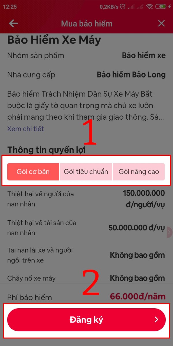 Chọn gói bảo hiểm và nhấn nút Đăng ký màu đỏ.