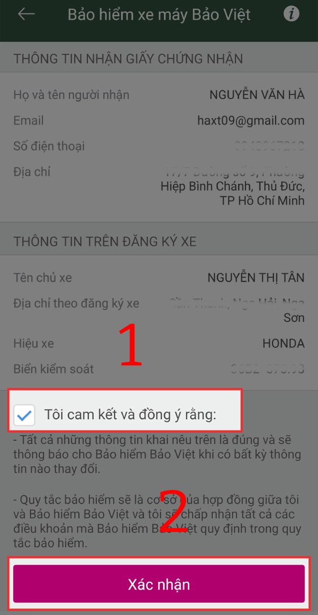 Tick vào Tôi cam kết và đồng ý rằng...và nhấn Xác nhận.