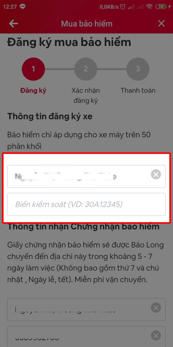 Nhập Họ tên và biển kiểm soát xe.