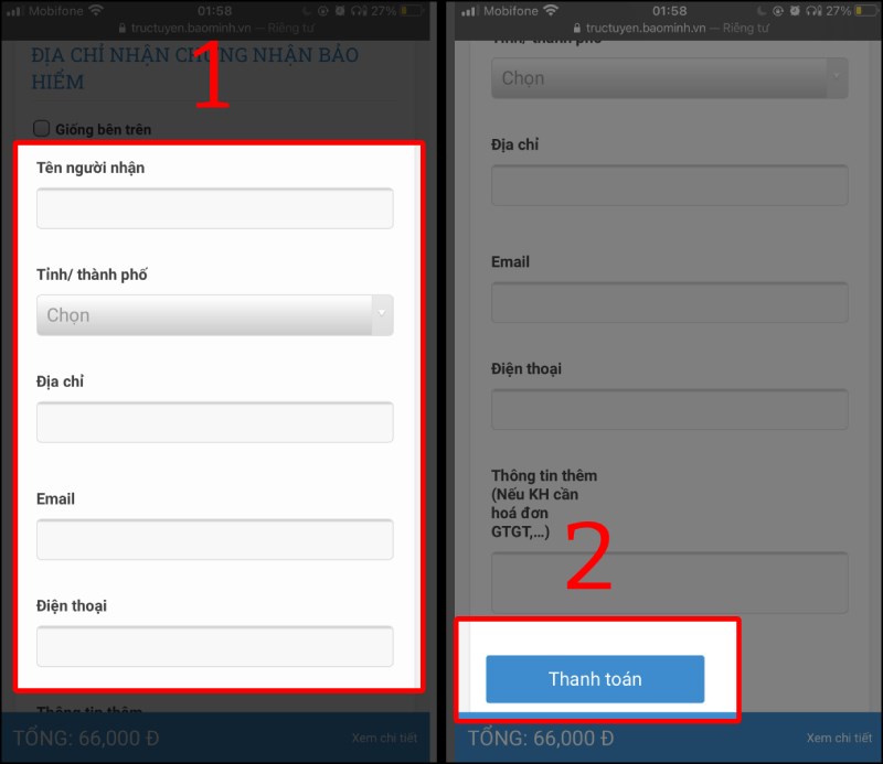Nhập thông tin người nhận bảo hiểm và nhấn Thanh toán