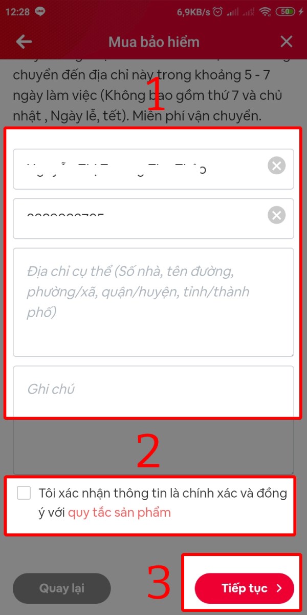 Nhập thông tin người nhận, tick vào Tôi xác nhận... và nhấn Tiếp tục.