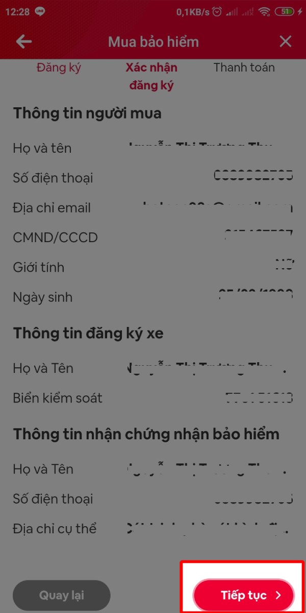 Kiểm tra lại thông tin đăng ký và nhấn Tiếp tục.