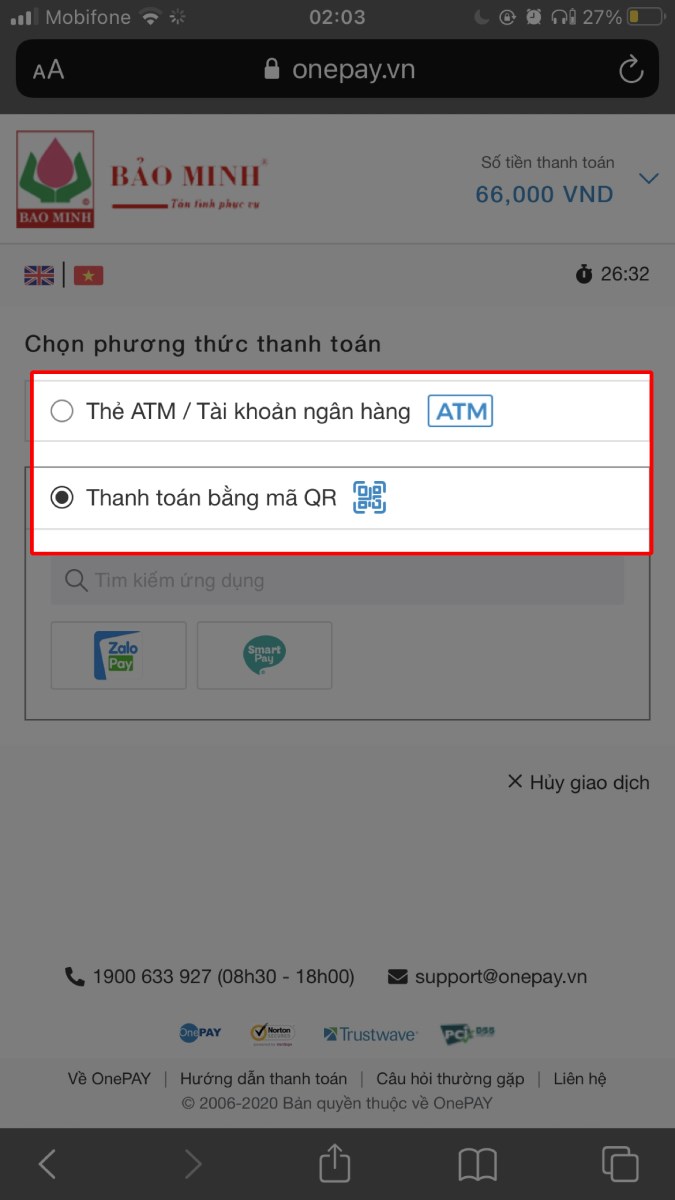 Chọn thanh toán bằng Thẻ ATM/Tài khoản ngân hàng hoặc mã QR.