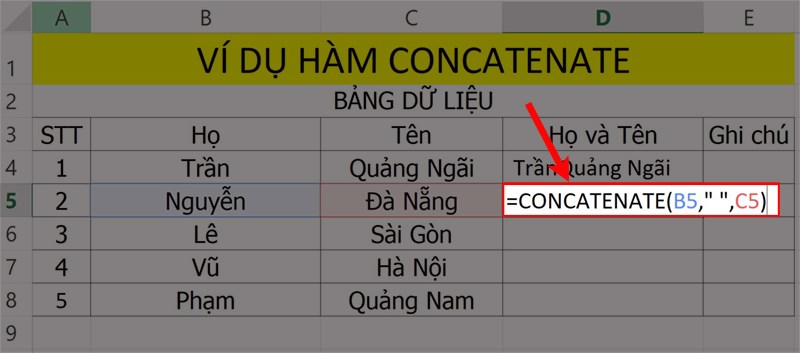 Ví dụ minh họa hàm CONCATENATE nối từ có ký tự khoảng trắng