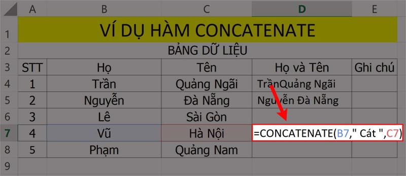 Ví dụ minh họa hàm CONCATENATE nối thêm từ vào văn bản.